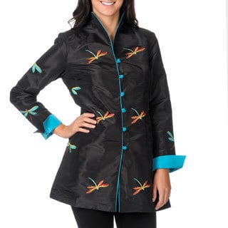 La Cera Women's Black/ Blue Long Sleeve Dragonfly Jacket
