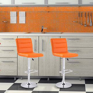 Adeco Orange Leatherette Adjustable Barstool with Horizontal Channel Tufting, and Chrome Base (Set of 2)