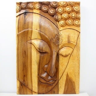 Hand-carved 30 x 20 Oak Oiled 'Buddha/ Ushnisha' Wall Panel (Thailand)