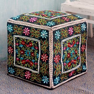 Handmade Cotton Rayon 'Bollywood Blooms' Ottoman Cover (India)