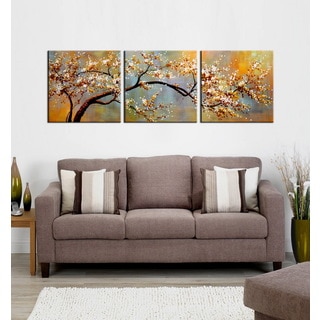 Hand-painted 'Plum bloosom591' 3-piece Gallery-wrapped Canvas Art Set