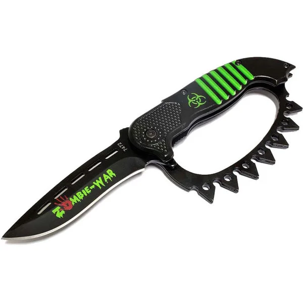 8.5" Zombie War Green Red or Yellow Spring Assisted Knife with Belt Clip