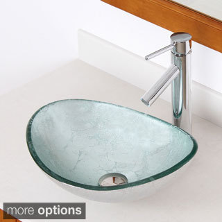 Elite 1412+2659 Unique Oval Artistic Silver Tempered Glass Bathroom Vessel Sink With Faucet Combo