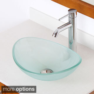 Elite Unique Oval Frosted Tempered Glass Bathroom Vessel Sink With Faucet Combo