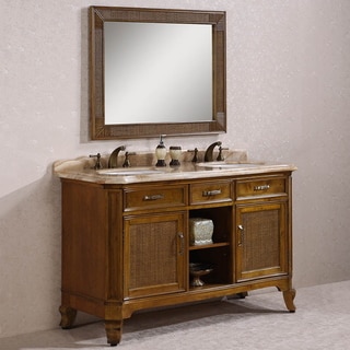 Legion Furniture Woodgrain Yellow Marble Top Light Brown 60-inch Double Sink Bathroom Vanity with Matching Mirror