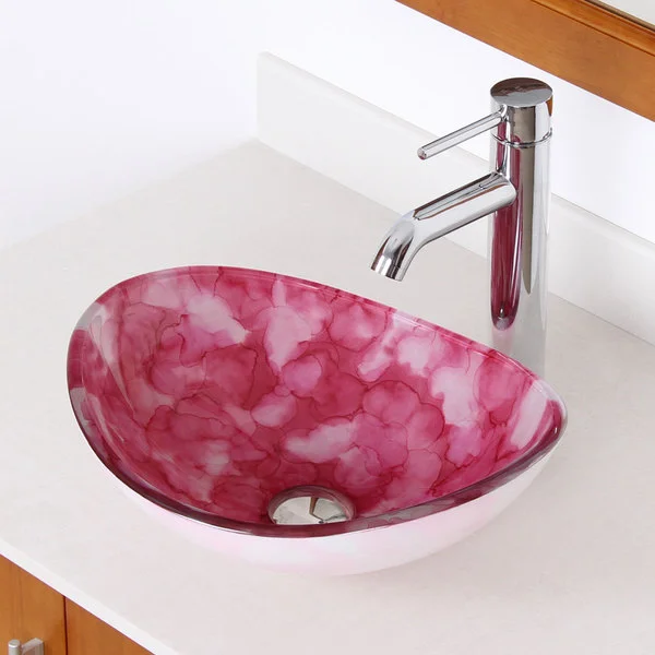 Elite 1414/ F371023 Unique Oval Cloud Style Tempered Glass Bathroom Vessel Sink with Faucet Combo