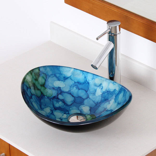 Elite 1413/ 2659 Unique Oval Cloud Style Tempered Glass Bathroom Vessel Sink with Faucet Combo