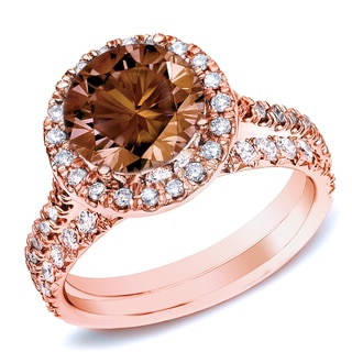 Auriya 14k Rose Gold 1ct TDW Brown Round Diamond Halo Bridal Ring Set (H-I, SI1-SI2)