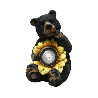 Solar Powered Black Bear with Sunflower Statue