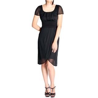 Evanese Women's Black Pleated Faux-wrap Short Sleeve Dress