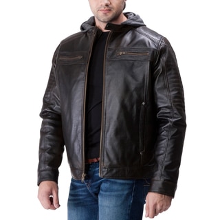 United Face Men's Genuine Leather Moto Jacket with Hoodie