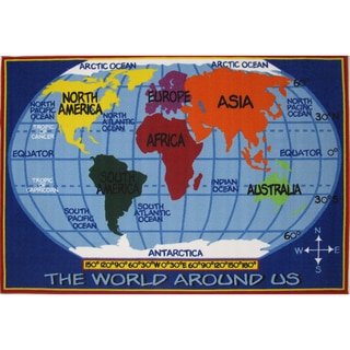 Kids World Map Blue Accent Rug (8' x 11')