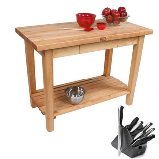 John Boos Rolling Country Maple 48x24 Kitchen Work Table C02C-S with Shelf and Henckels 13-piece Knife Block Set