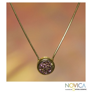 Handmade Gold Overlay 'Lilac Cosmos' Drusy Agate Pendant Necklace (Brazil)