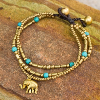 Brass Calcite 'Thai Elephant Charm' Beaded Bracelet (Thailand)