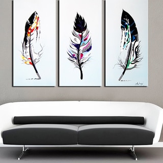 slide 1 of 1, Porch & Den 'Feathers' 3-piece Hand-painted Oil on Canvas