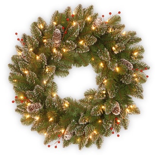24-inch Glittery Mountain Spruce Wreath with White Edged Cones, Red Berries and Lights