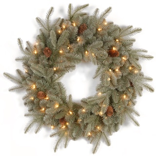 24-inch Feel-Real Frosted Arctic Spruce Wreath with Cones and 50 Clear Lights