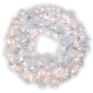 30-inch Wispy Willow Grande White Wreath with Silver Glitter and 100 Clear Lights