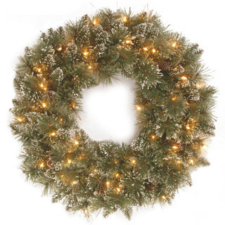 30-inch Glittery Bristle Pine Wreath with White Tipped Cones and 50 Clear Lights