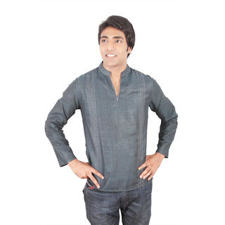 Men's Short Fitted Kurta Navy Tunic with Embroidered Stripes (India)