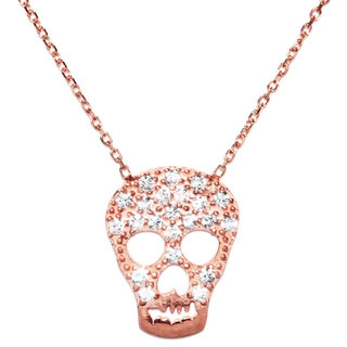 Rose Gold over Sterling Silver White Cubic Zirconia Skull Necklace