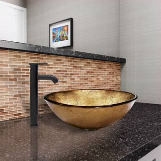 VIGO Liquid Gold Glass Vessel Sink and Seville Faucet Set in Matte Black Finish