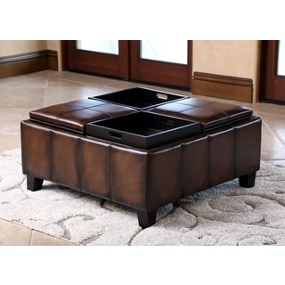 ABBYSON LIVING Vincent Hand Rubbed Brown Leather Square Ottoman with 4 Trays