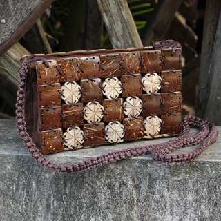 Hand-crafted Coconut Shell 'Flowers Squared' Shoulder Bag (Thailand)