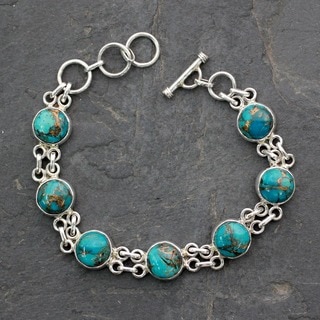 Handmade Sterling Silver Sky Paths Turquoise Link Bracelet (7.25 IN)(India)