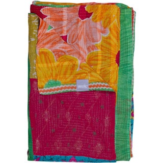 Taj Hotel Vintage Handmade Kantha Pink/ Yellow Rectangular Throw Blanket