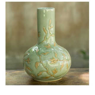Handcrafted Celadon Ceramic Jungle Blooms Vase (Thailand)