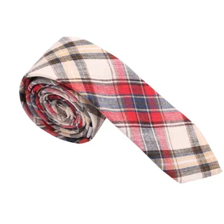 Skinny Tie Madness Men's Red and Beige Cotton Plaid Skinny Tie