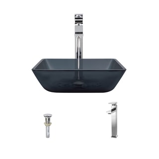 MR Direct 630 Square Black Glass Vessel Bathroom Sink, with Chrome Vessel Faucet, and Vessel Pop-up Drain