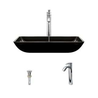 MR Direct 640 Black Colored Glass Vessel Bathroom Sink, with Chrome Vessel Faucet, and Vessel Pop-up Drain