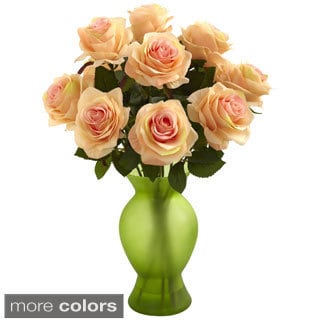 Roses with Colored Glass Vase
