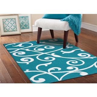 Somette Scroll Teal/ White Area Rug (5' x 7')