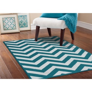 Somette Zigzag Teal/ White Area Rug (5' x 7')