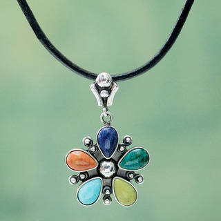 Andean Colors Multi Gemstone Cabochon Teardrops Set in 925 Sterling Silver on Long Leather Cord Womens Pendant Necklace (Peru)