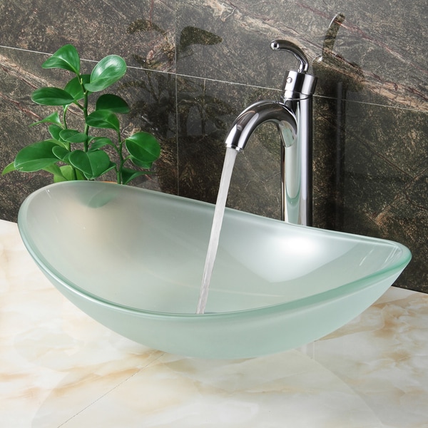 slide 1 of 9, Elite Oval-shape Frosted Tempered Bathroom Glass Vessel Sink and Faucet Combo Chrome Finish