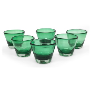 Set of 6 Handcrafted Blown Glass 'Jade Flair' Juice Glasses (Mexico)