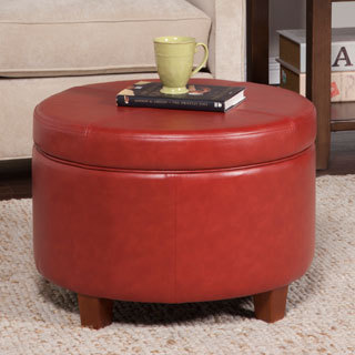 HomePop Cinnamon Red Leatherette Round Storage Ottoman