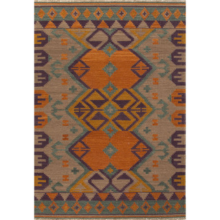 Indo Flat Weave Orange/ Brown Tribal Wool Area Rug (5' x 8')