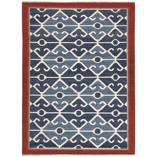 Flat Weave Tribal Pattern Blue/ Red Wool Area Rug (4' x 6')