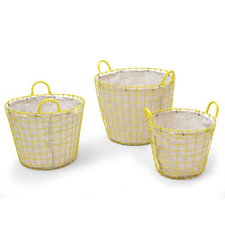 Adeco Oval Urban Style Lined Yellow Wire Laundry Baskets (Set of 3)