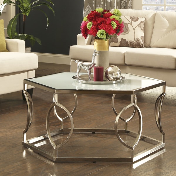 Davlin Contemporary Glam Hexagonal Metal Frosted-glass Coffee Table by iNSPIRE Q Bold