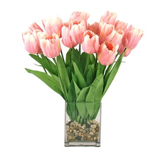 Pink Tulip Bouquet in River Rock Filled Glass Cube