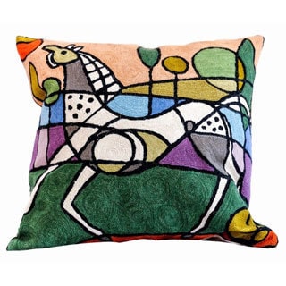 Handmade Wool/ Cotton Horse Design Decorative Pillow Cover (India)