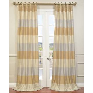 Exclusive Fabrics Silvery Bone Gold Mist Cabana Stripe Faux Silk Taffeta Curtain Panel