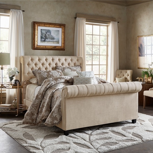 Knightsbridge Beige Linen Rolled Top Tufted Chesterfield Bed with Footboard by iNSPIRE Q Artisan